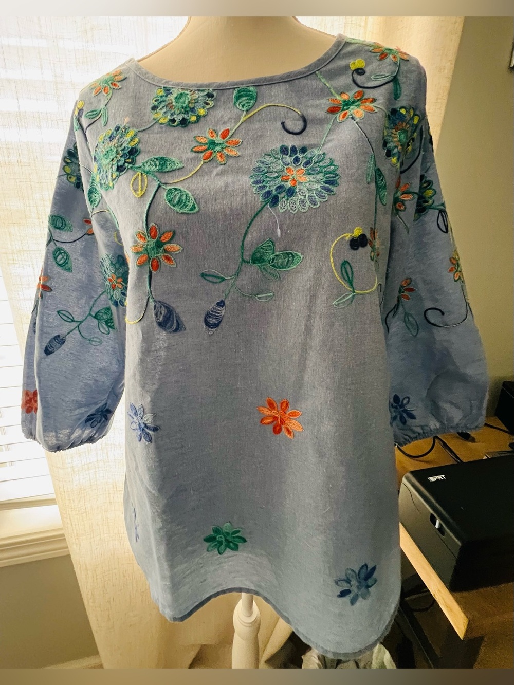 KINDRED Embroidered Light Blue Floral Linen Blend Women's Top